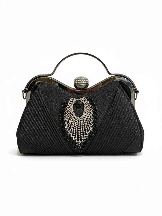 City One Handbags - Rhinestone Kisslock Evening Bag with Crossbody Chain
